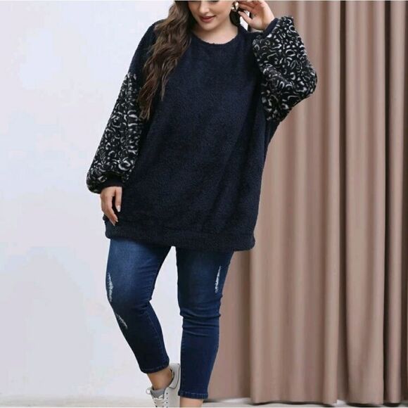 Plus Leopard Pattern Drop Shoulder Flannel Pullover - Picture 4 of 9